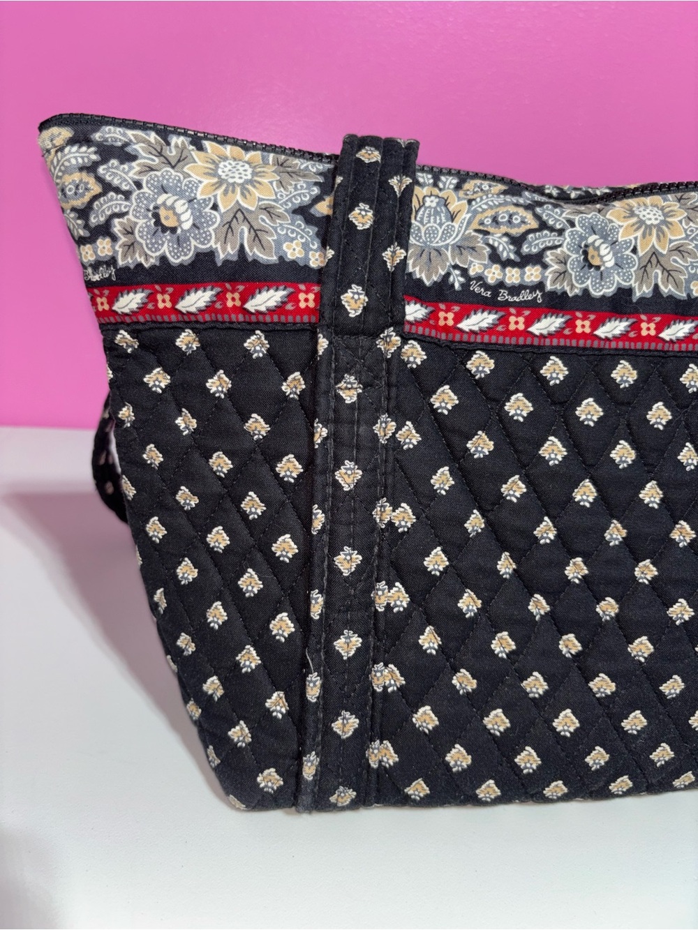 Vera Bradley Black Quilted Floral Tote Shoulder Bag Zip Top Cotton - Picture 4 of 11